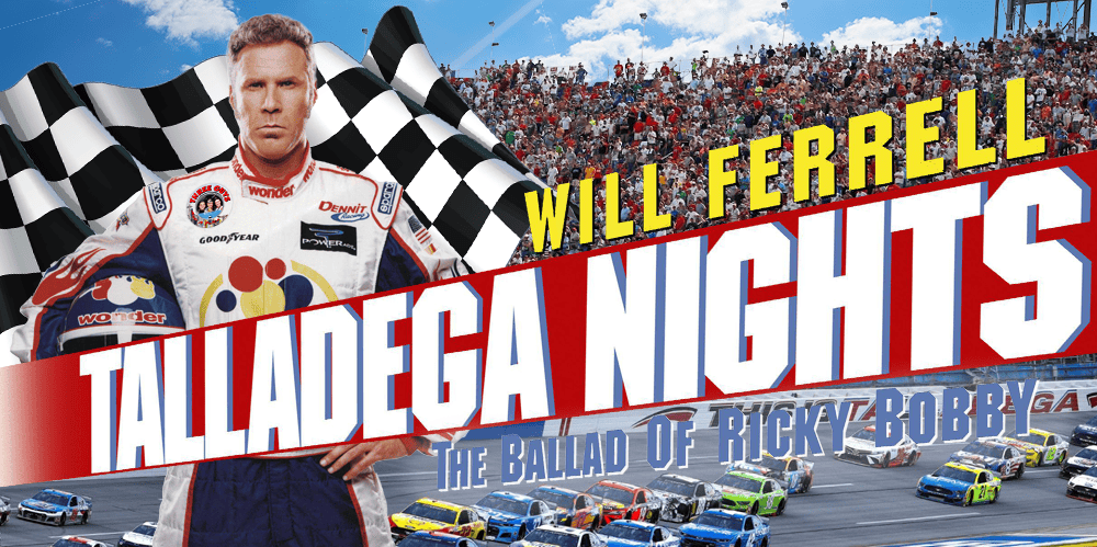 Will Ferrell as Ricky Bobby in Talladega Nights with race cars and checkered flags.