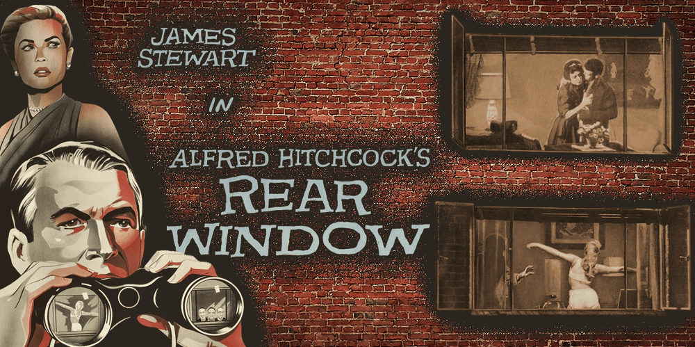 Vintage poster of James Stewart in Alfred Hitchcock's Rear Window, featuring iconic scenes.