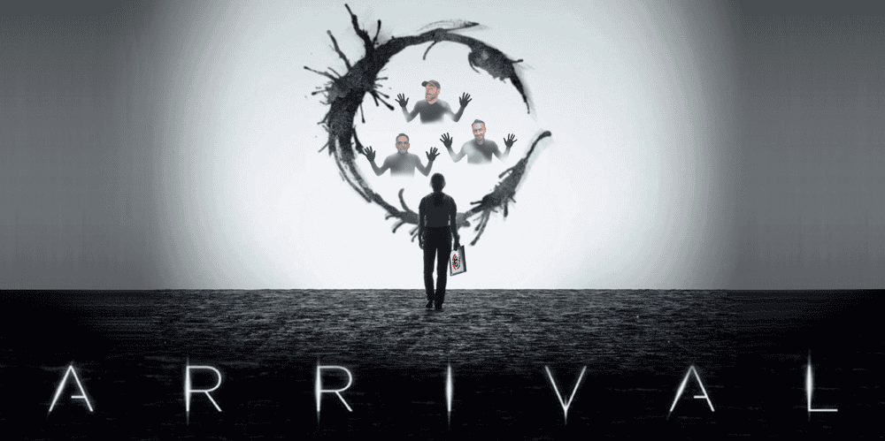 Movie poster for "Arrival" featuring a silhouetted figure and mysterious characters in a dark, atmos.