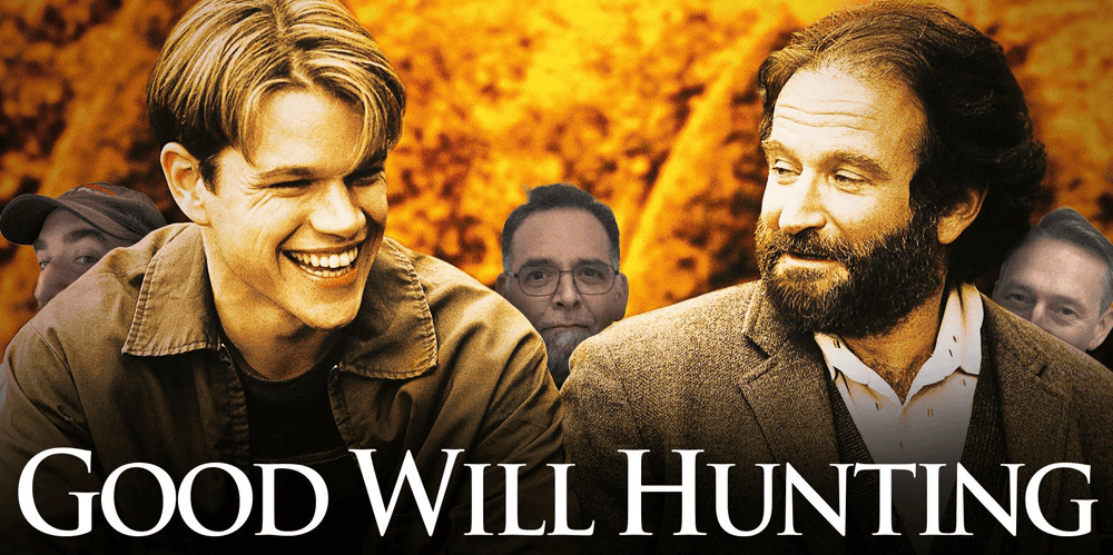 Two men smiling and talking, with a warm autumn background, discussing the film "Good Will Hunting".