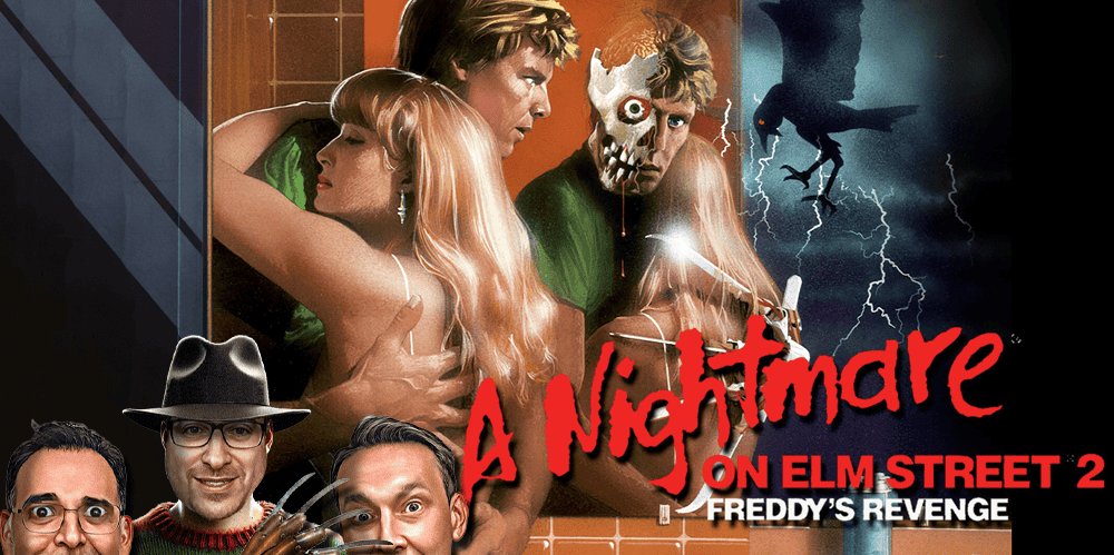 Movie poster for "A Nightmare on Elm Street 2" featuring Freddy Krueger and characters.