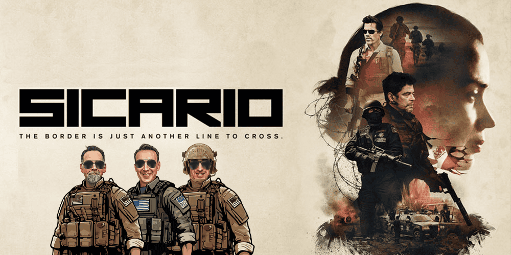 Promotional poster for Sicario featuring border patrol agents and intense imagery.