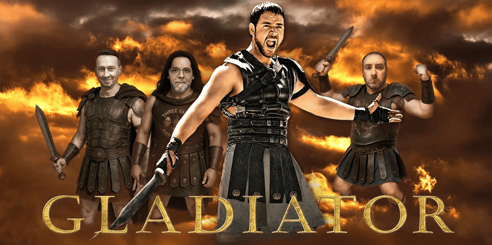 Four men dressed as Roman gladiators against a fiery sky background.
