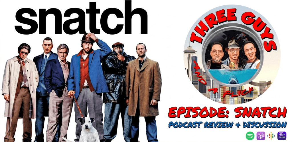 The cast of Three Guys and a Flick podcast, dressed in vintage and modern outfits, posing together.