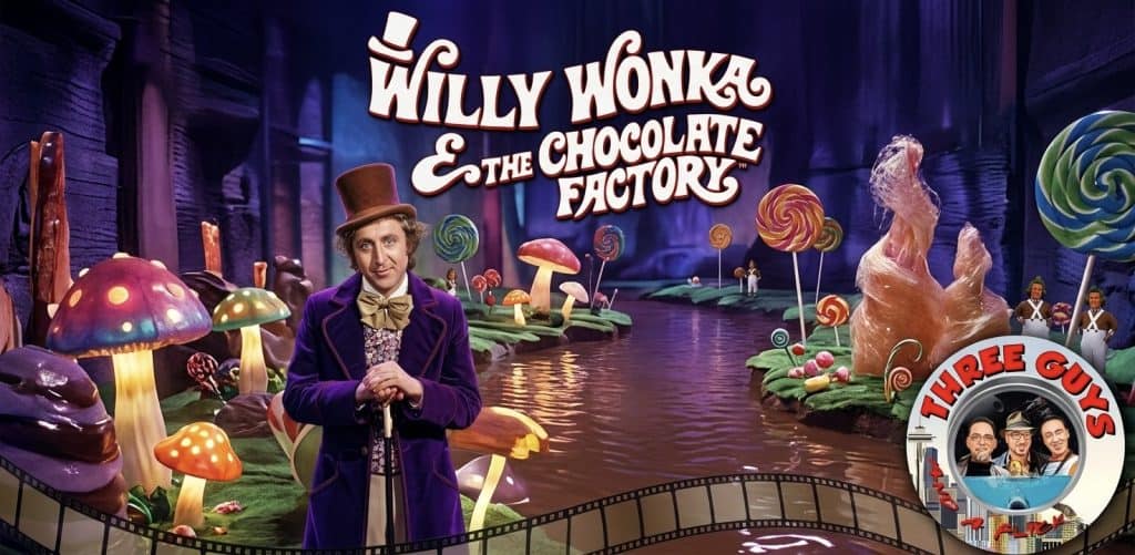 Willy Wonka in the chocolate factory with colorful candies and mushrooms.