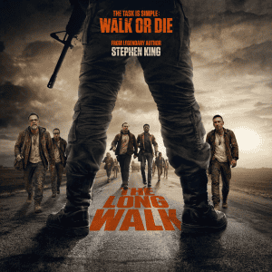 Movie poster for The Long Walk featuring a group of survivors walking on a road.