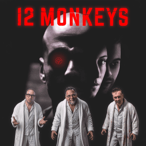 Image from 12 Monkeys movie review podcast with three hosts.
