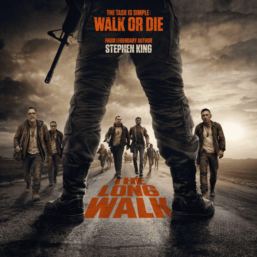 Promotional poster for The Long Walk featuring a group of survivors walking on a road.