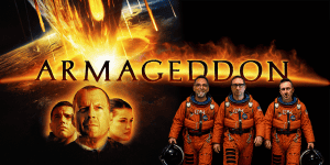 Movie poster for Armageddon with astronauts and explosion background.