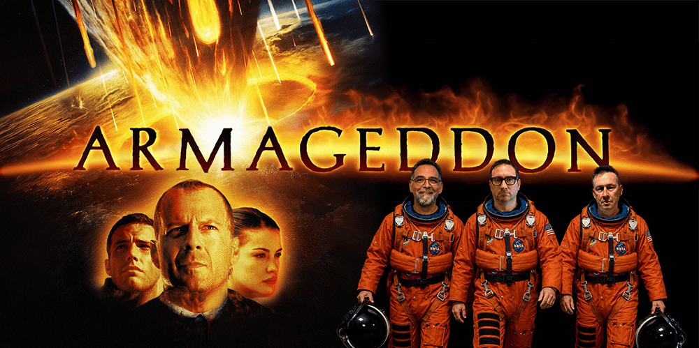 Movie poster for Armageddon with astronauts and explosion background.