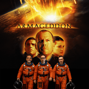 Movie poster for Armageddon with astronauts and an apocalyptic background.