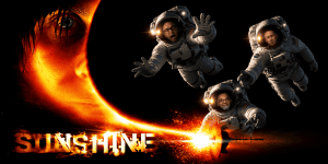 Sunshine movie poster with astronauts and a fiery sun in space.