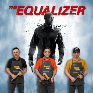 Podcast hosts reviewing The Equalizer movie with props and serious expressions.
