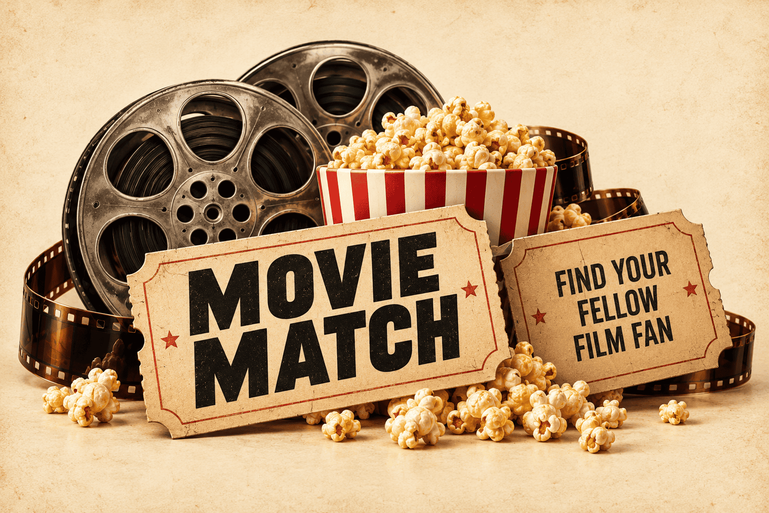 Popcorn, film reels, and tickets for movie fan event.