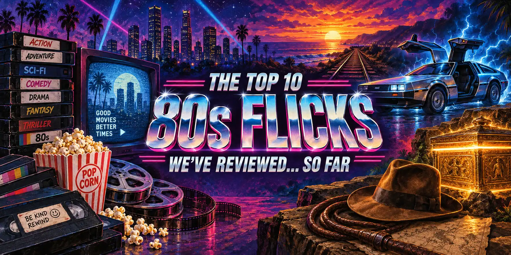 Retro 80s movie poster with DeLorean, neon cityscape, and film reels.