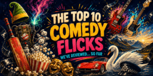 Podcast cover image featuring comedy movies and film review elements.