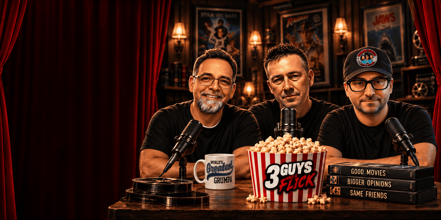 Three men hosting the 3 Guys and a Flick movie review podcast.
