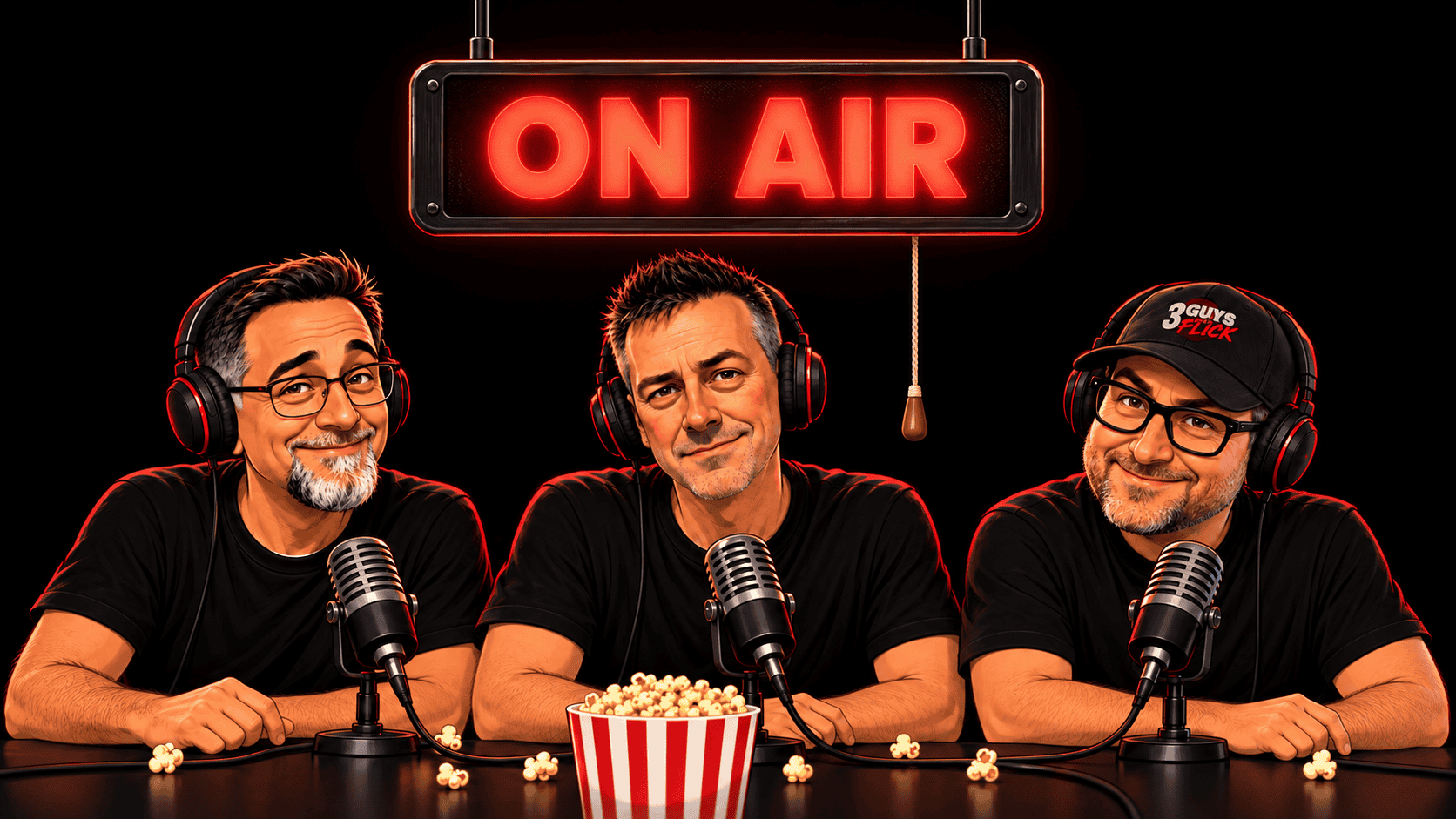 Illustration of Don, Ken, and Jon at their microphones beneath a glowing ON AIR sign