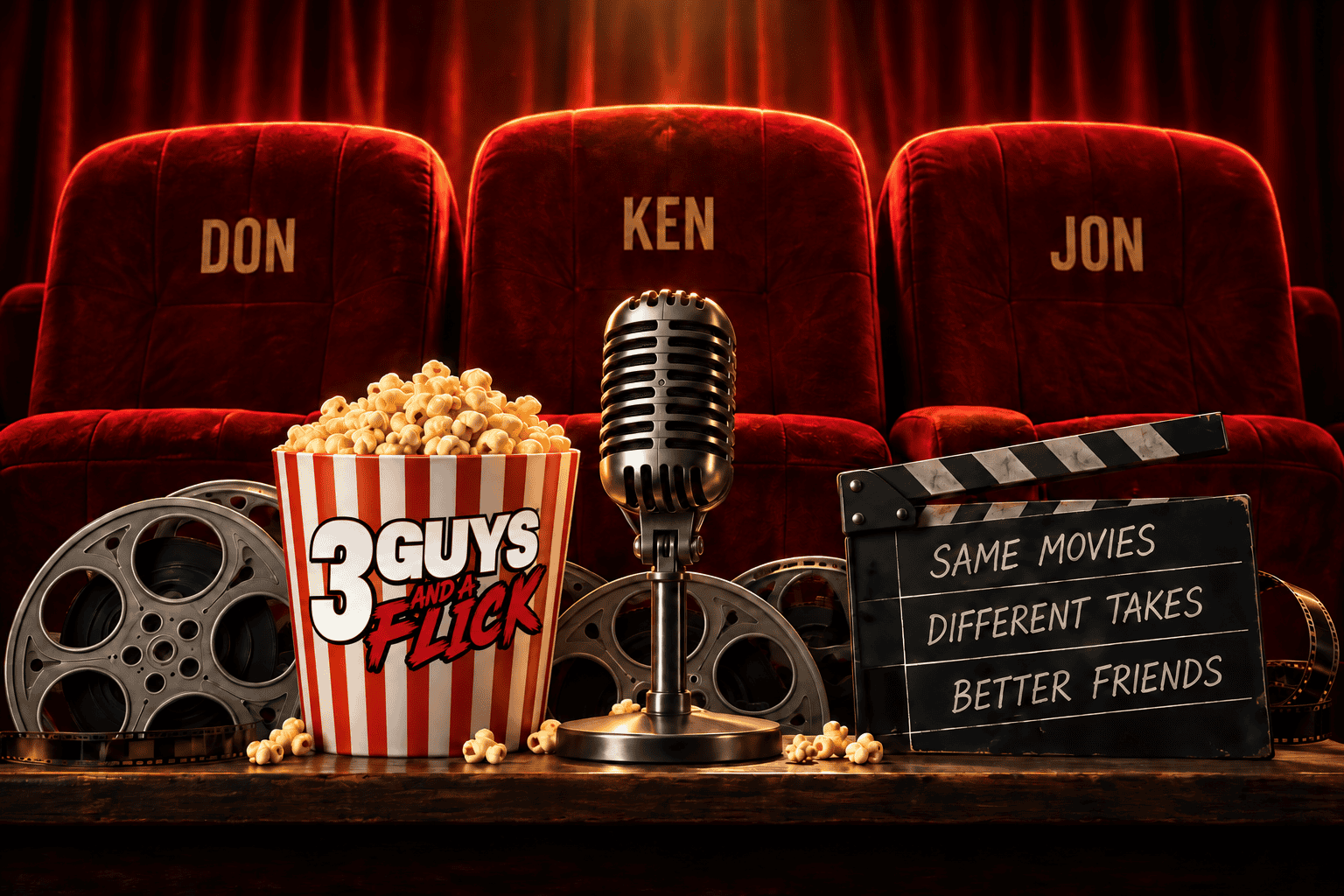 Movie theater seats with popcorn, microphone, and film reel for podcast.