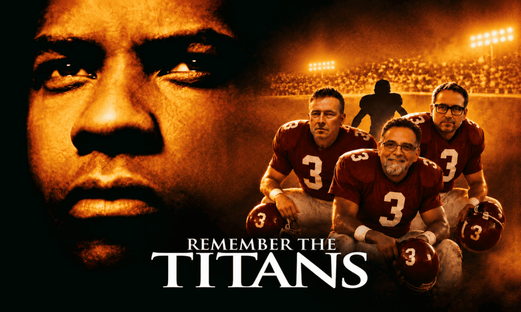 Remember the Titans movie poster with football players and a large face of a young man.