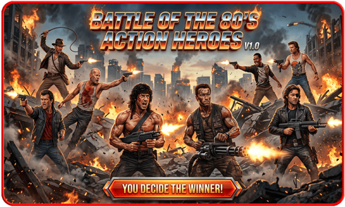 Group of 80's action heroes in a fiery cityscape with weapons and explosions.